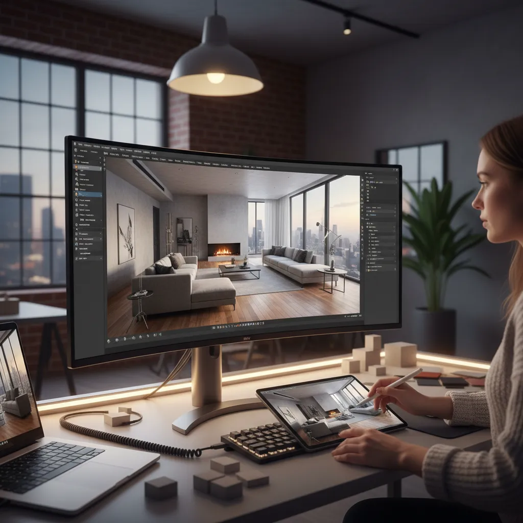 Pantalla de ordenador mostrando un modelo 3D de un apartamento en diseño interior