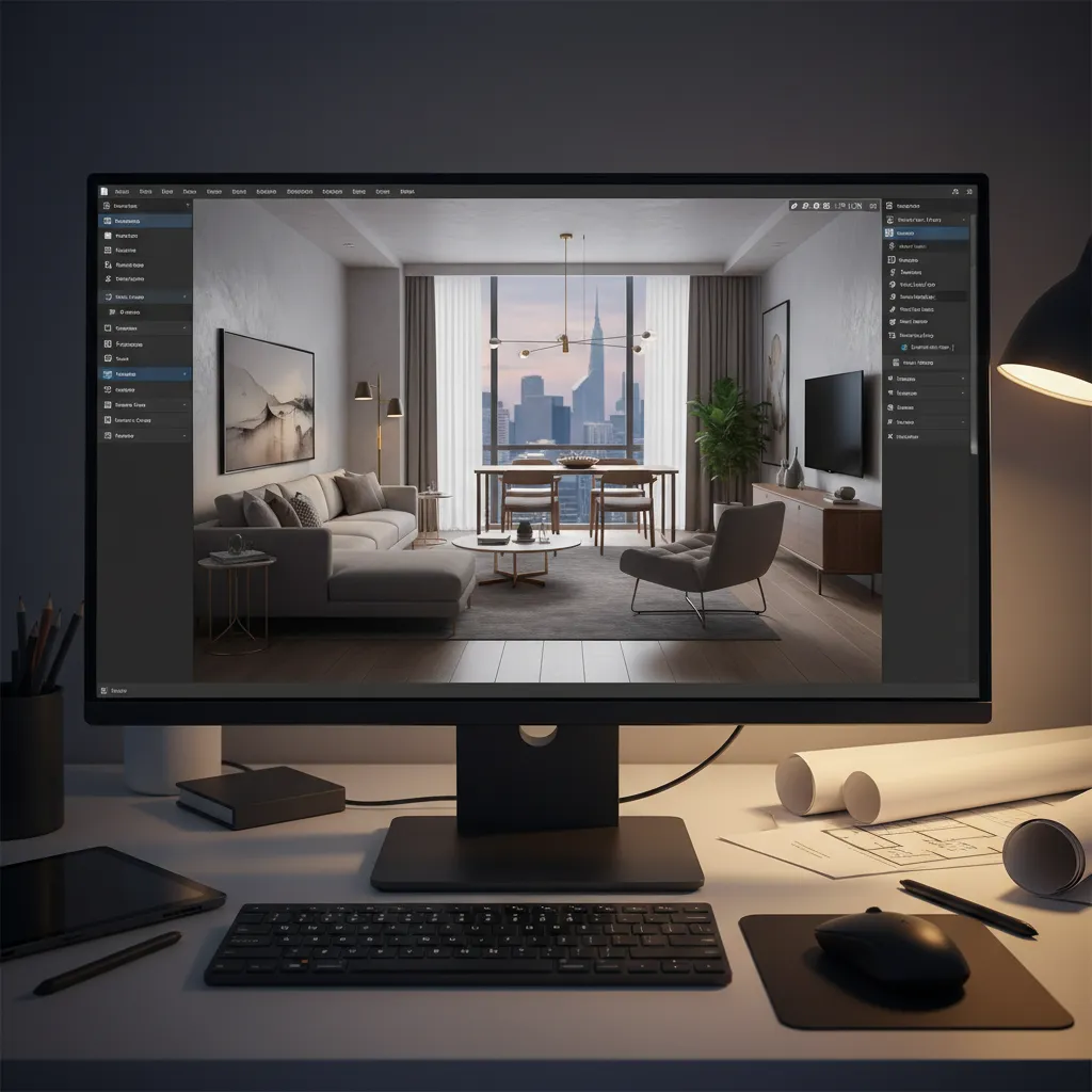 Pantalla de ordenador mostrando un modelo 3D de diseño interior