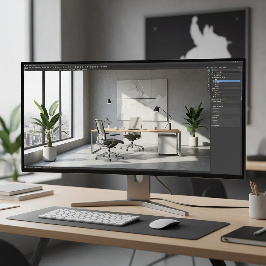 Pantalla de computadora mostrando un diseño interior en 3D