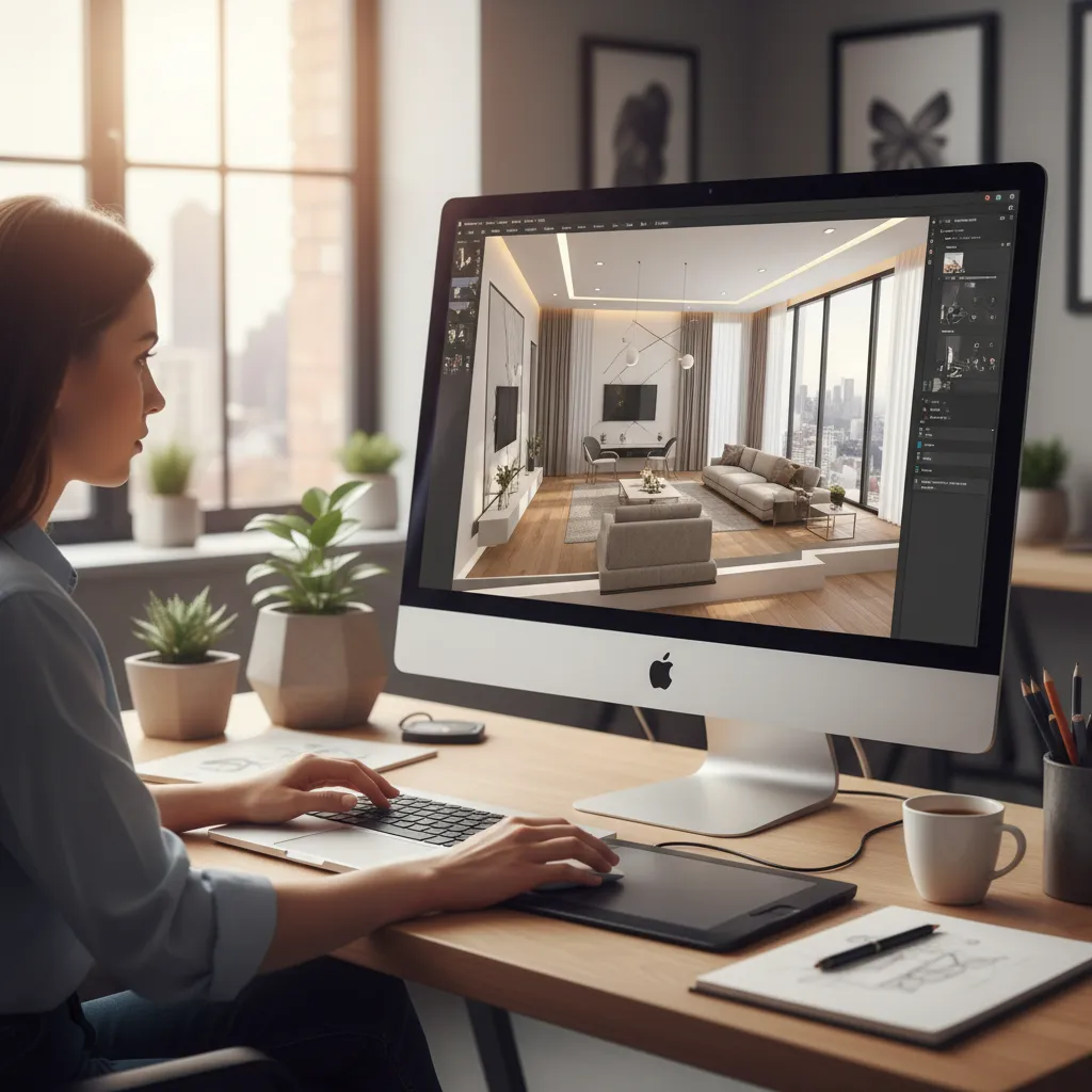 Pantalla mostrando un diseño de interiores en 3D en proceso de planificación