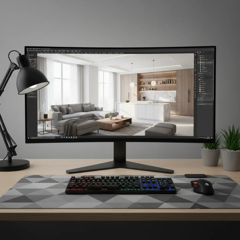 Pantalla mostrando un software de diseño de interiores en 3D