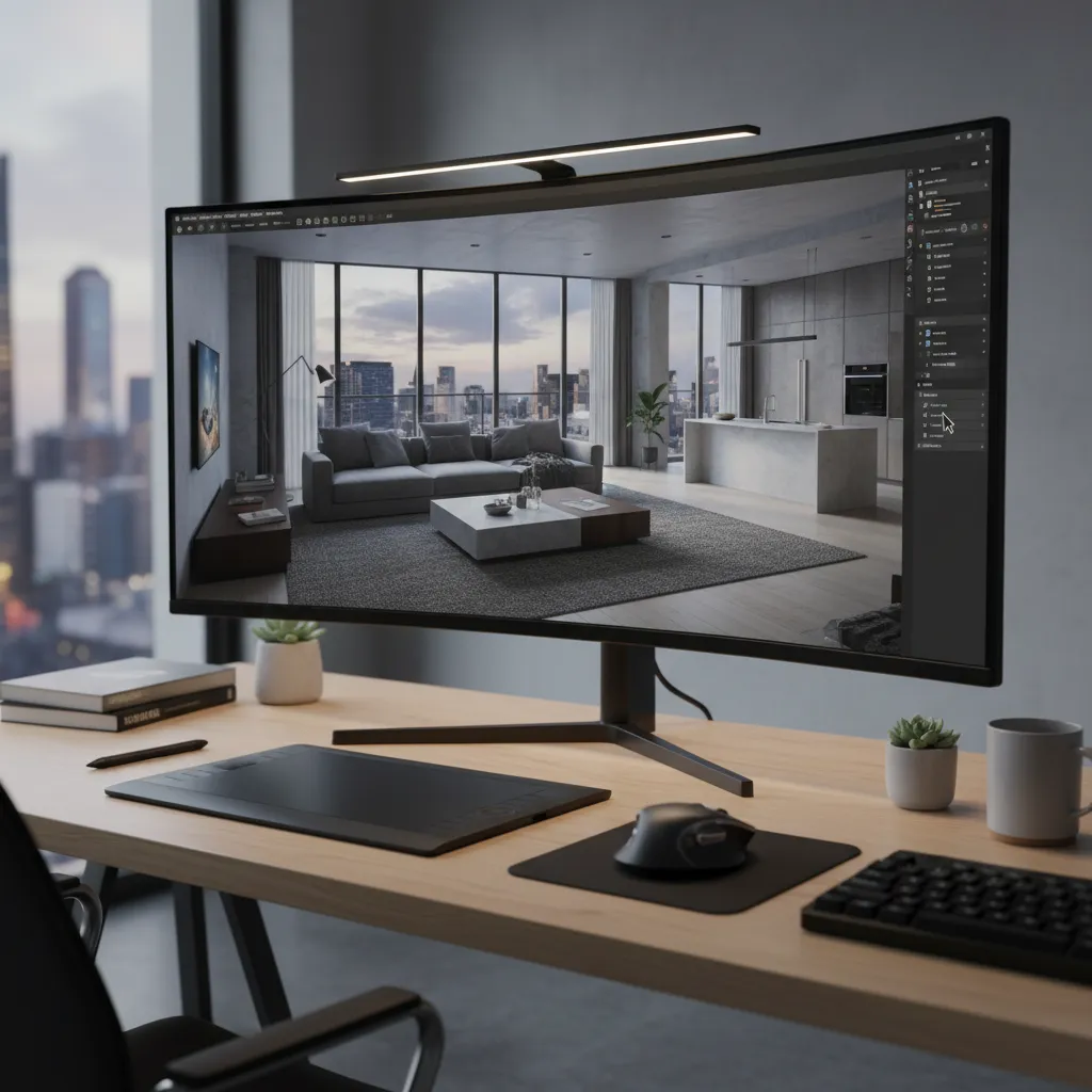 Pantalla de computadora mostrando un modelo 3D de diseño de interiores