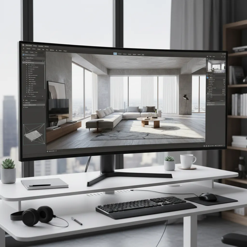 pantalla de ordenador mostrando un diseño de interior en 3D