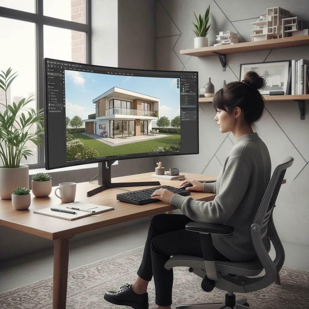 Diseñador usando software 3D para planificar una vivienda