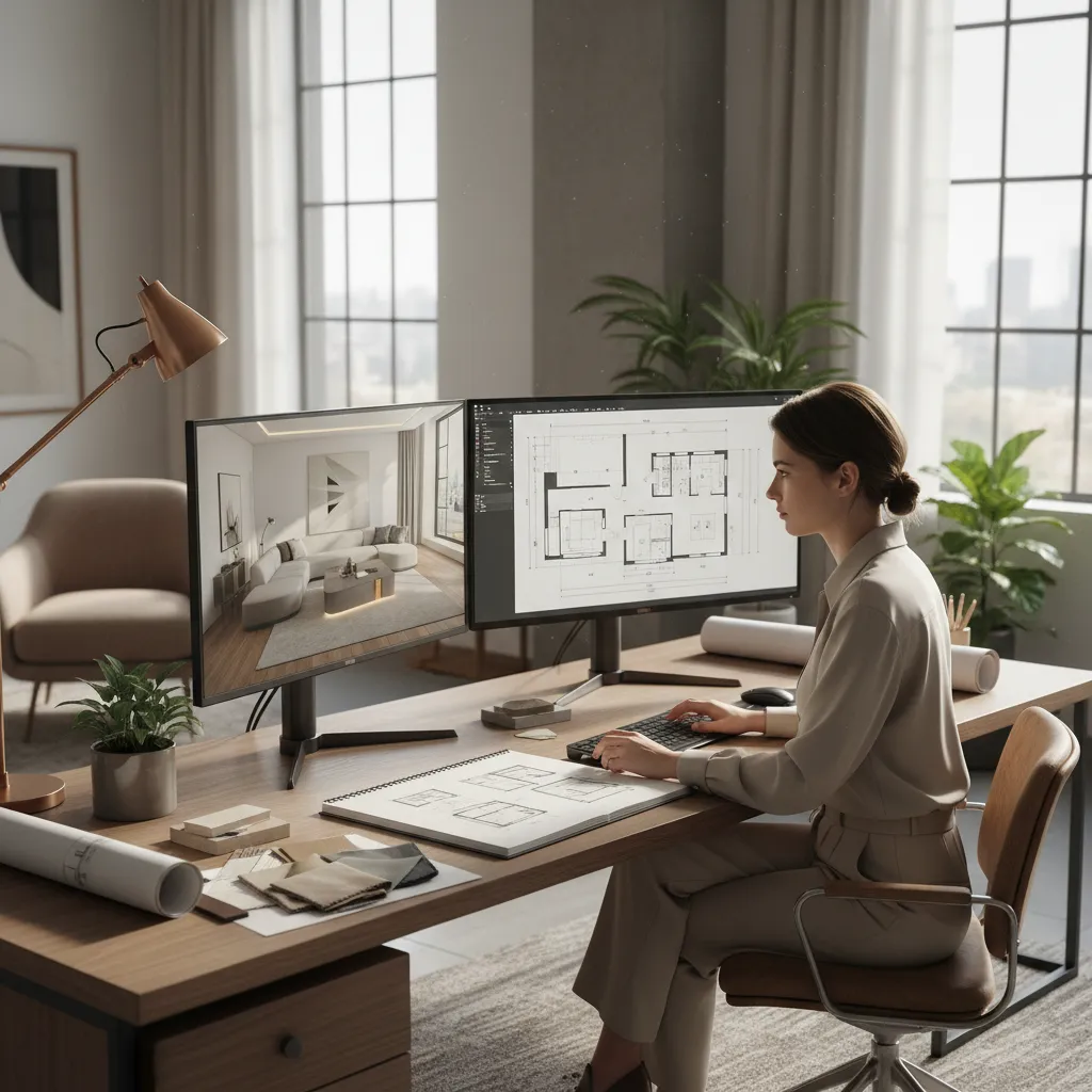 Female designer using two computer screens to create interior design drawing and house floor plan