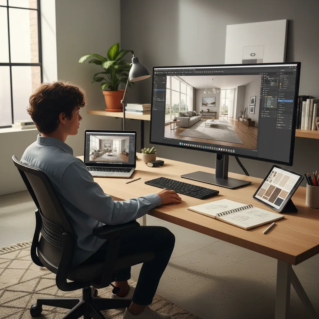Designer using large computer monitor showing living room interior design drawing at a wooden desk