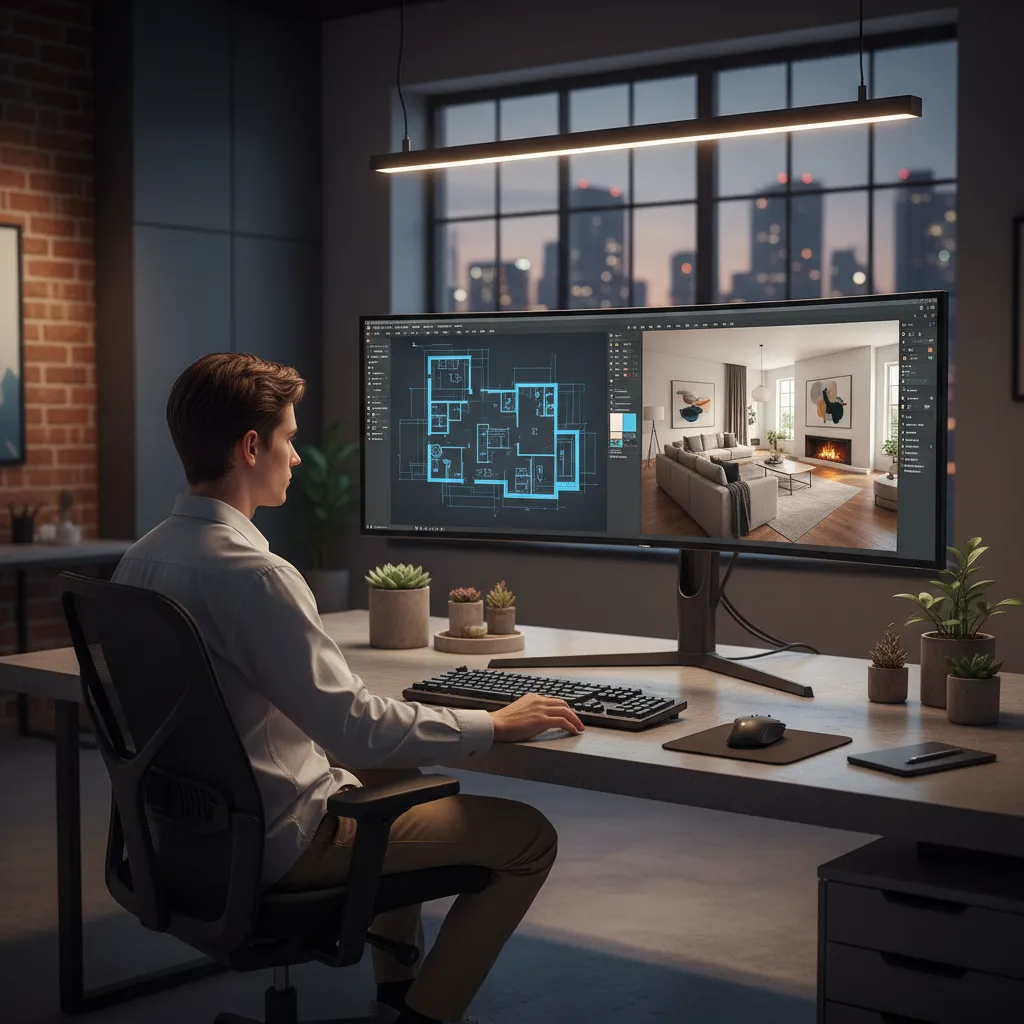 Estudiante trabajando en un modelo 3D de interiorismo en ordenador