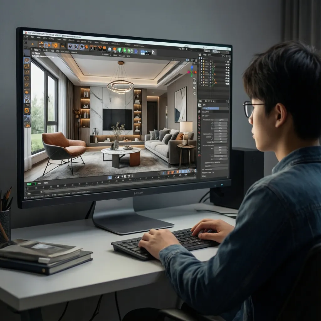 Estudiante trabajando en un modelo 3D de interiorismo en ordenador