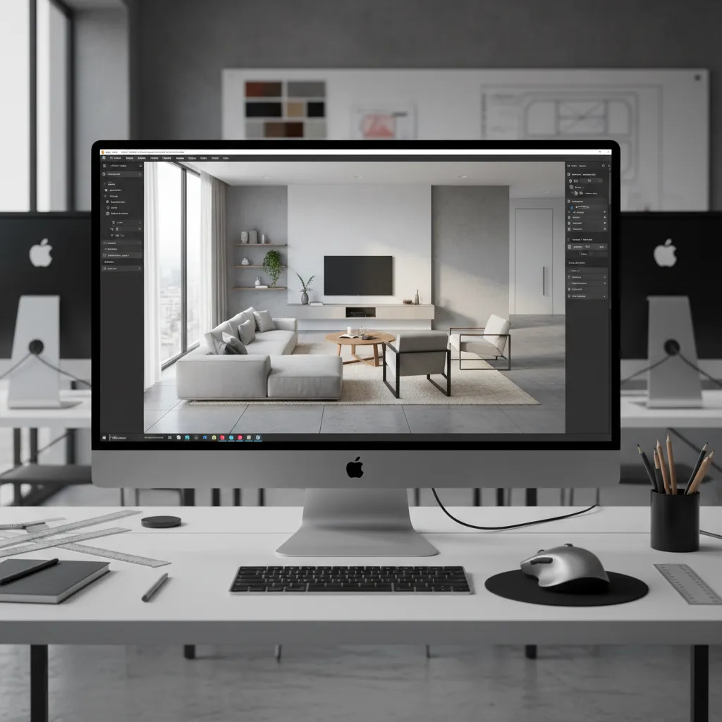 Interior design software showing modern living room drawing with sofa coffee table and white walls