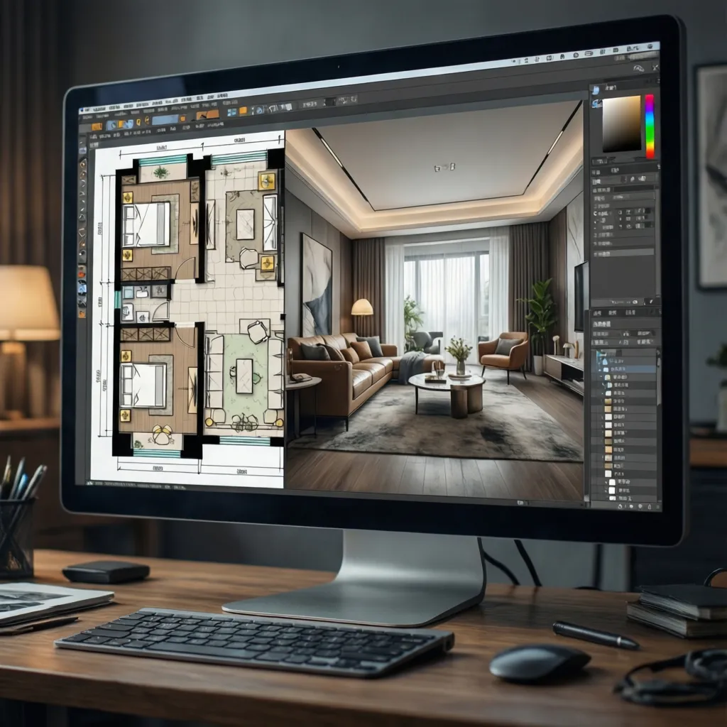 Interfaz de programa de diseño interior mostrando plano 2D y vista 3D de una sala