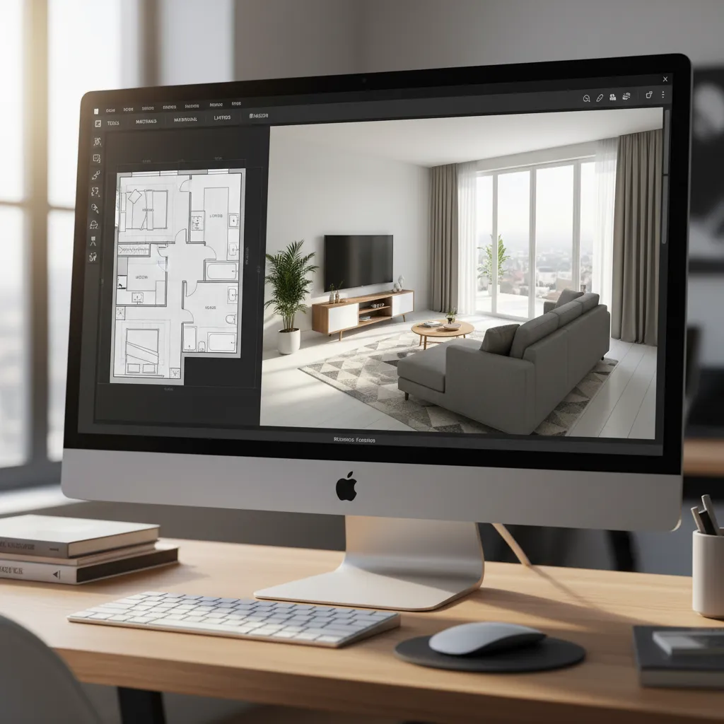 Interfaz de software de diseño interior mostrando plano 2D y vista 3D de un salón