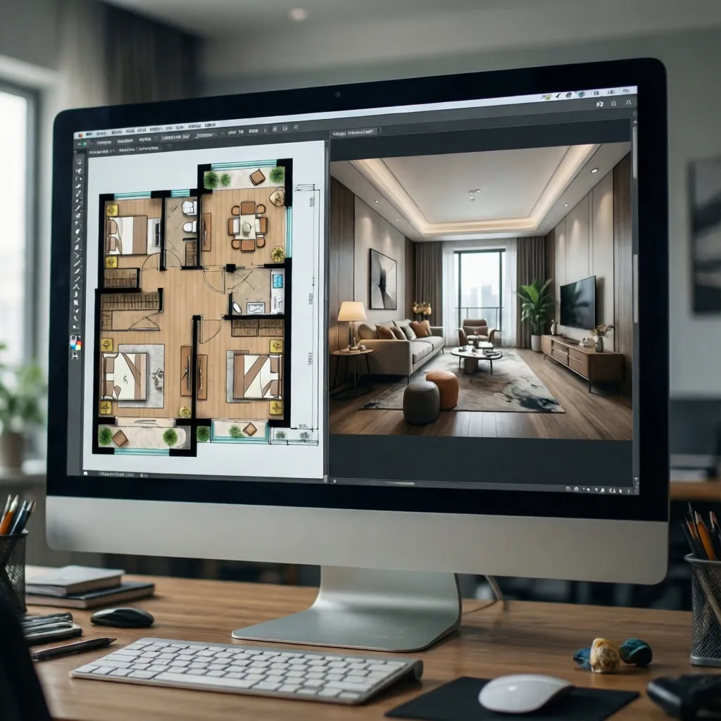 Interfaz de un programa de diseño interior con plano 2D y vista 3D simultánea
