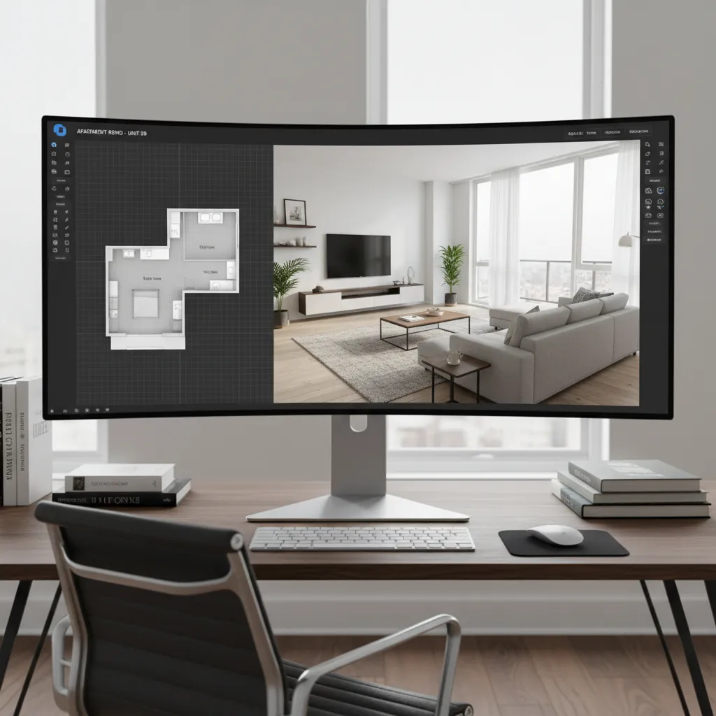 Interfaz de programa de diseño 3D mostrando plano y vista interior