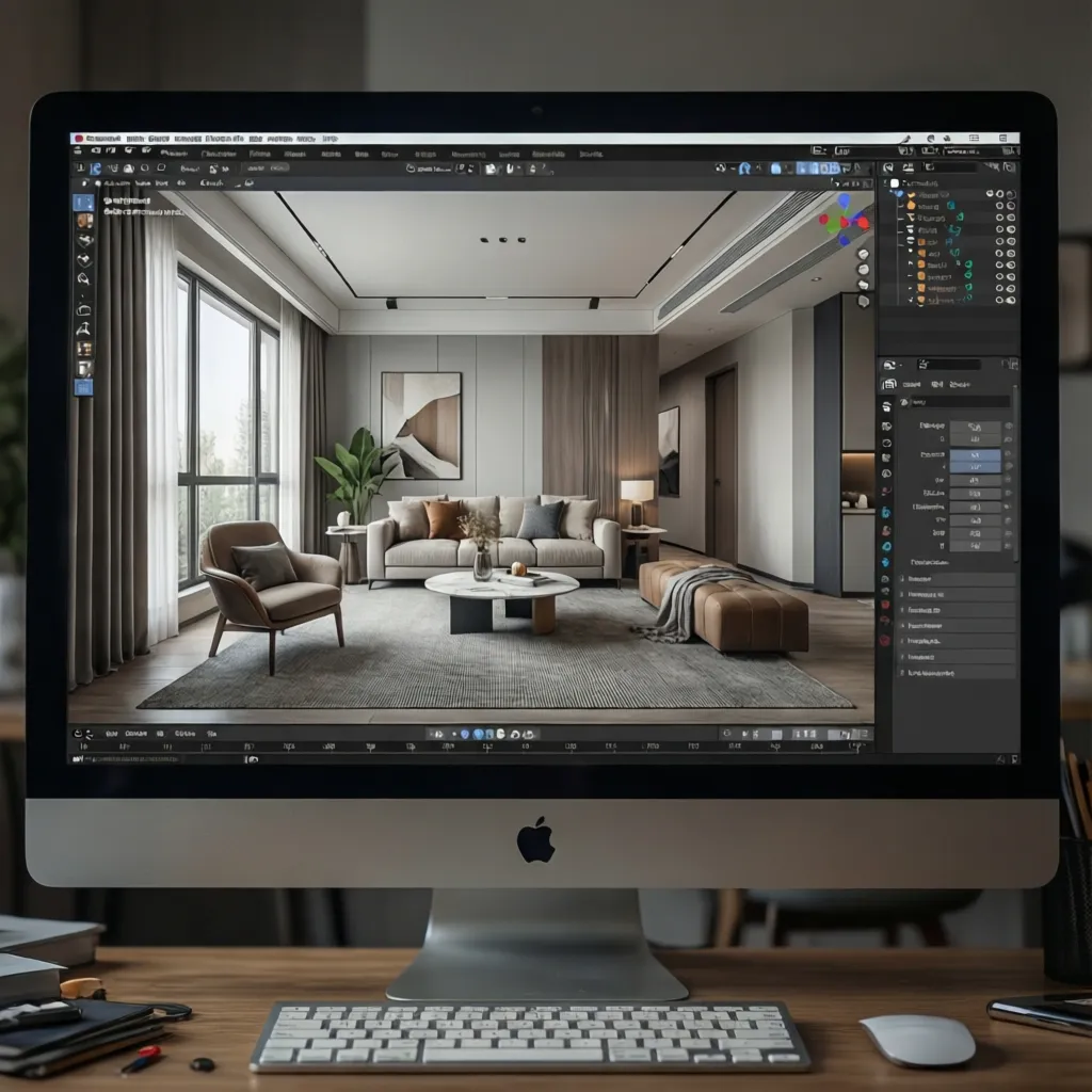 Pantalla de software mostrando plano 3D de salón con muebles