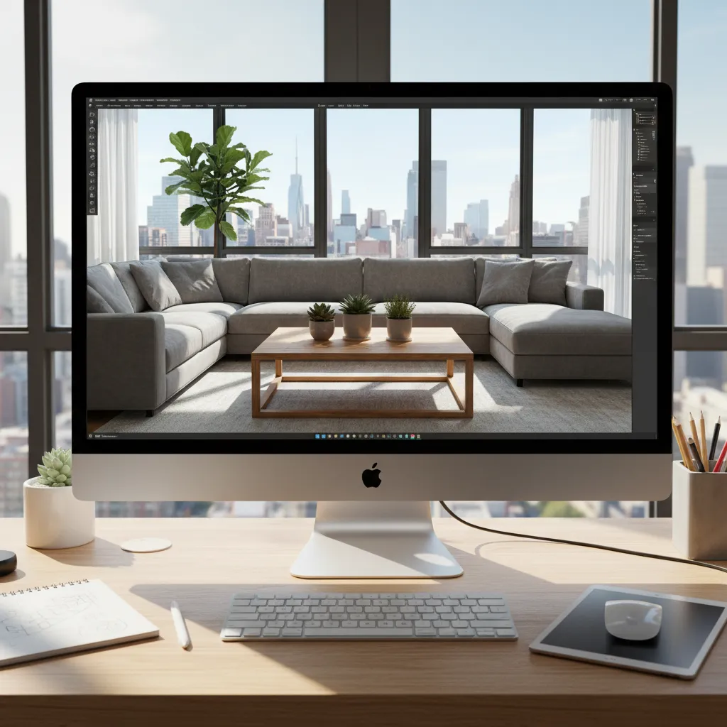 Pantalla mostrando diseño de interior en 3D con muebles modernos