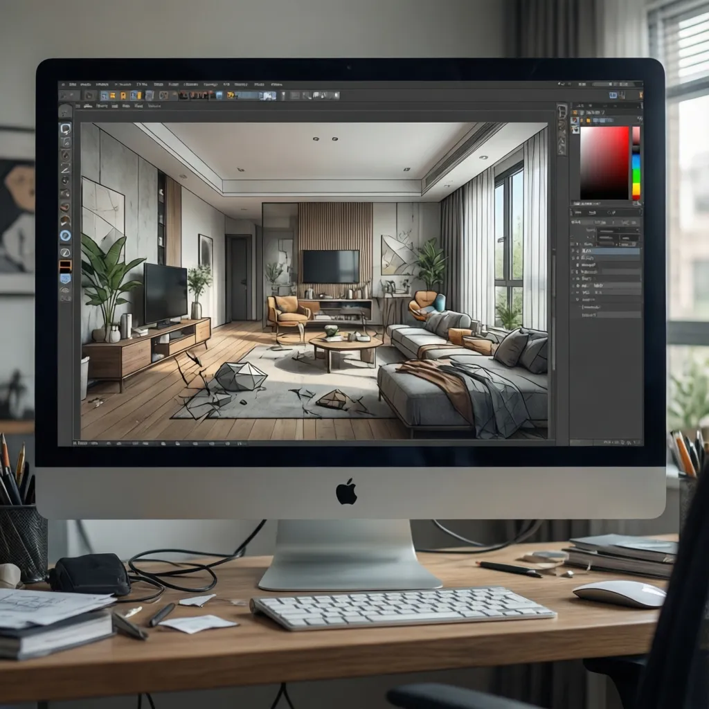 Pantalla mostrando un plano 3D de una vivienda con muebles colocados digitalmente