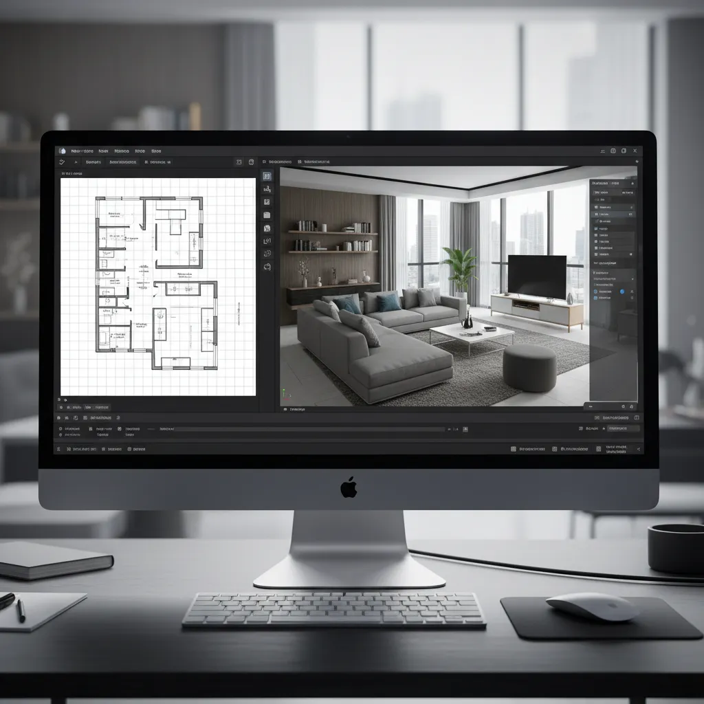 Interfaz de software mostrando plano de vivienda y vista 3D de un salón