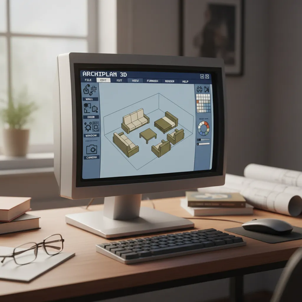 Interfaz de software antiguo de diseño de interiores con plano de habitación