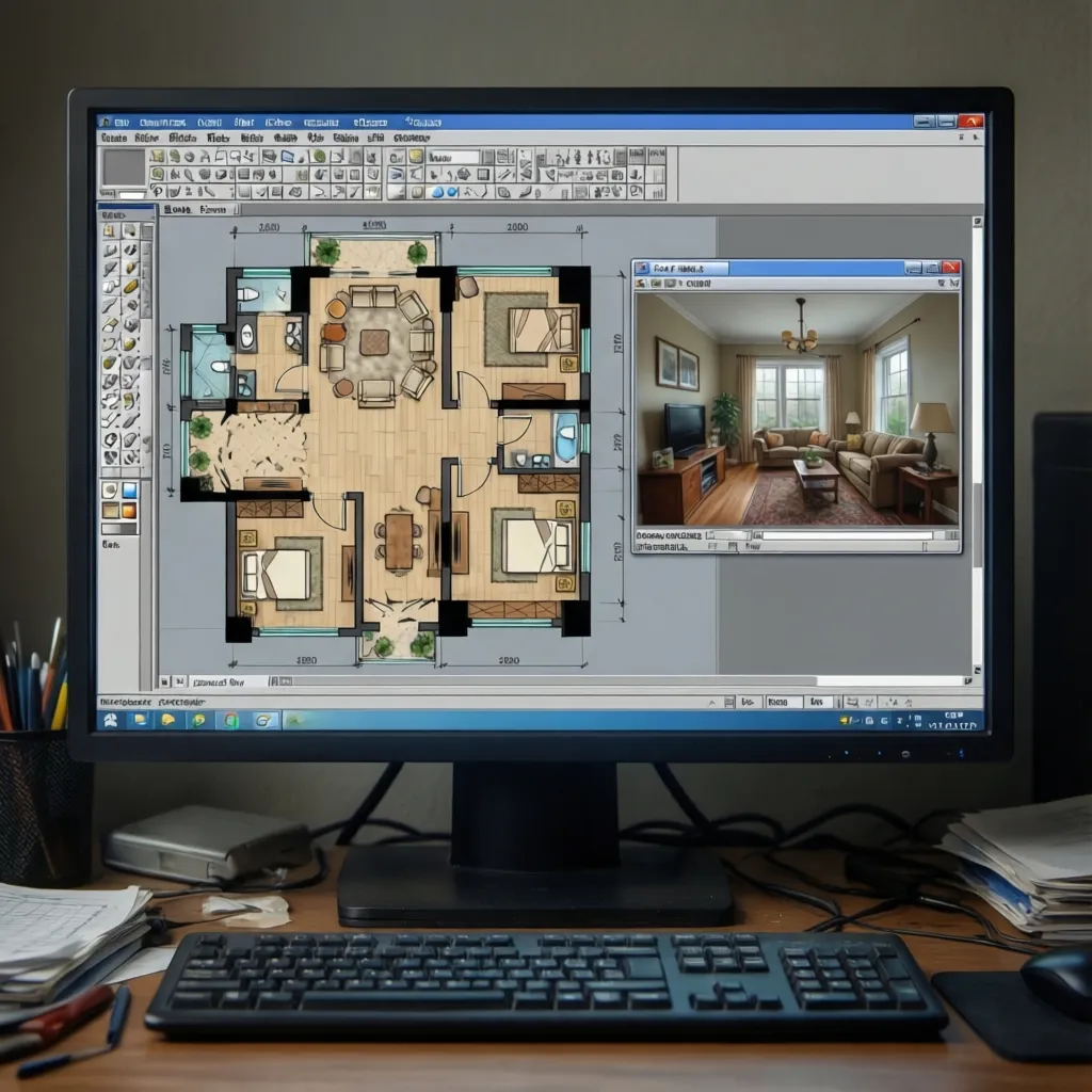 Interfaz antigua de software de diseño de interiores con plano 2D y vista 3D básica