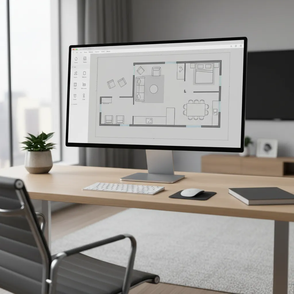 Computer monitor on a wooden desk displaying a detailed two bedroom house floor plan design layout