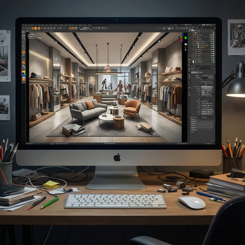 Pantalla mostrando software de diseño de interiores con modelo 3D de tienda