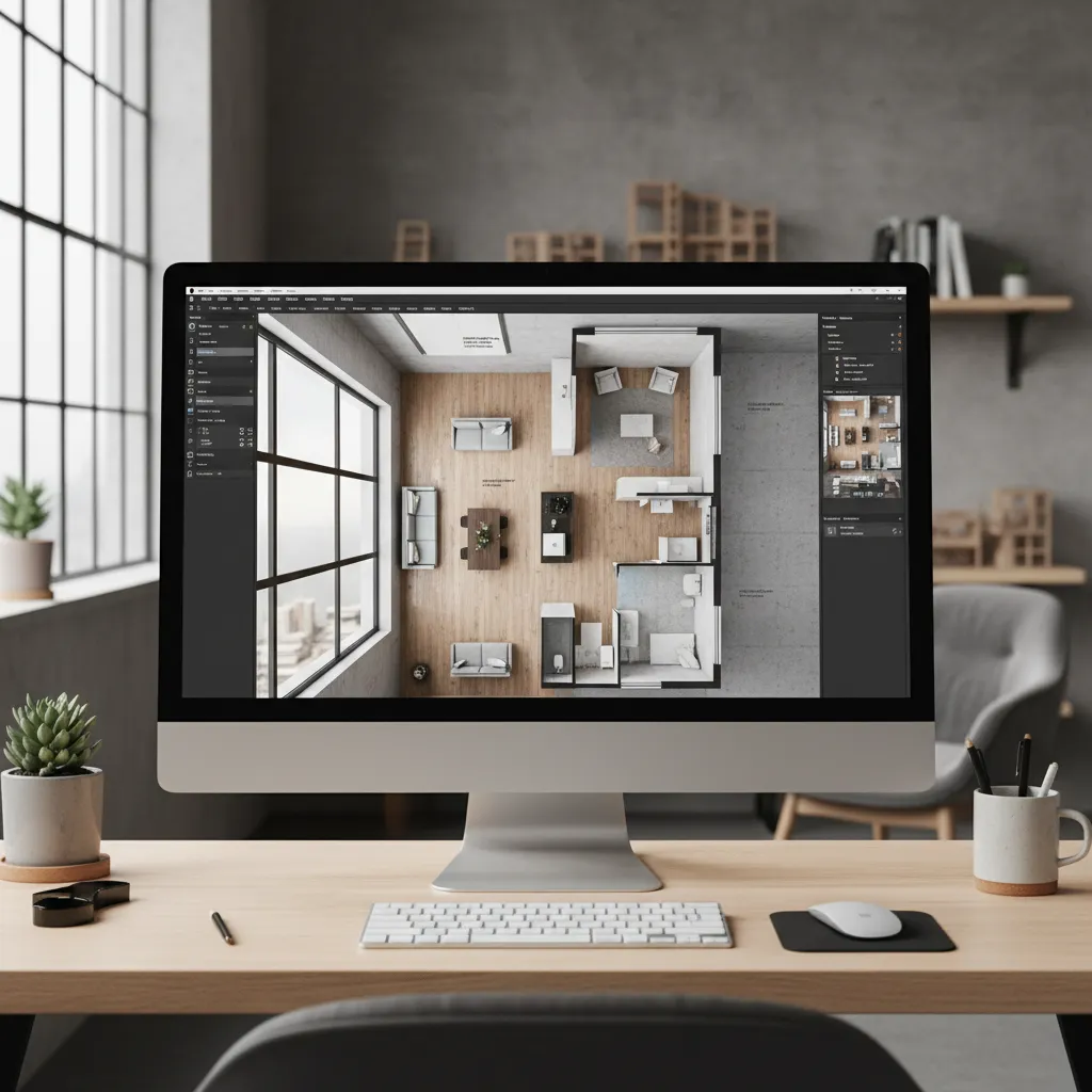 Desktop monitor showing a room layout with wooden flooring sofas and a dining table area
