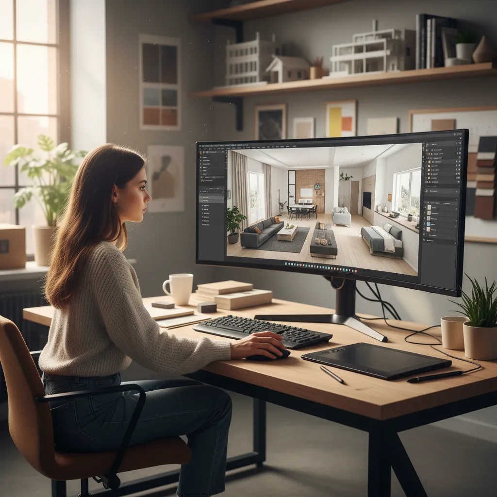 Estudiante creando un modelo 3D de interior en computadora