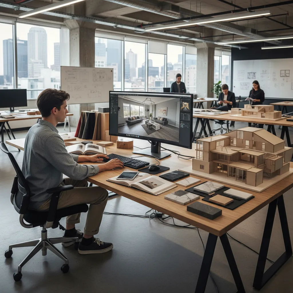 Estudiante usando software de diseño de interiores en ordenador