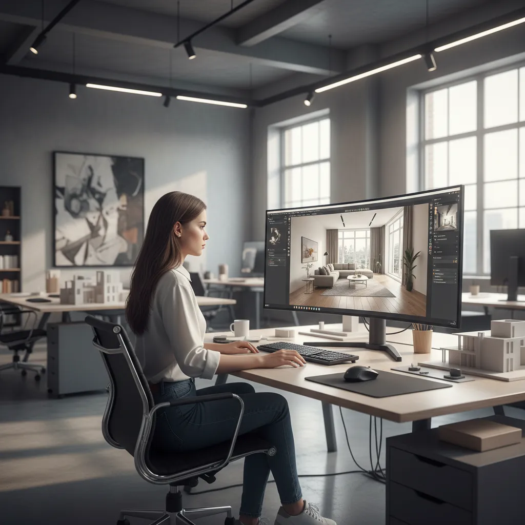 Woman using interior design software on a large monitor showing a modern living room layout