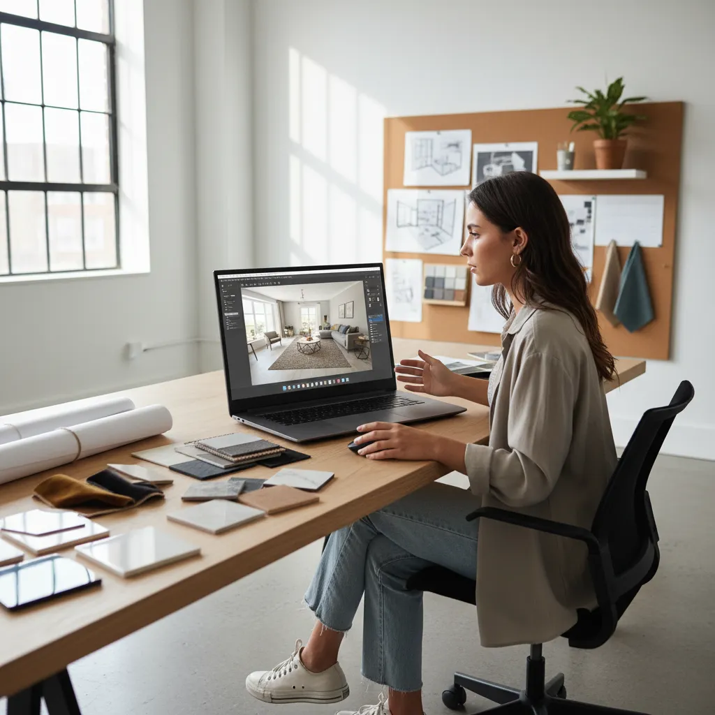 Estudiante utilizando software de diseño interior 3D en computadora