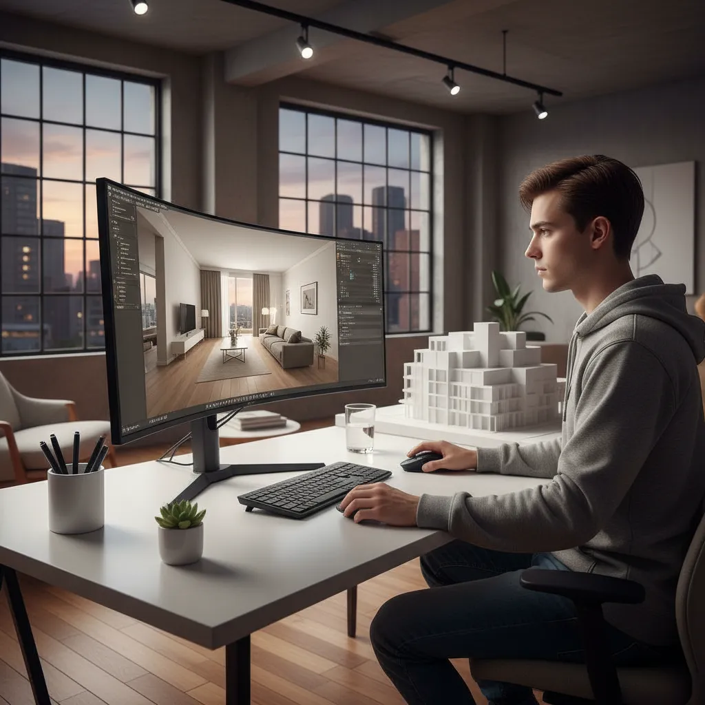 Man working on interior design drawing using large monitor with scale model on white desk