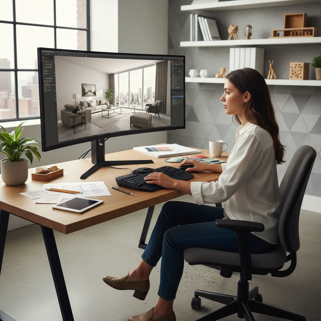 Estudiante trabajando en software de diseño de interiores en ordenador