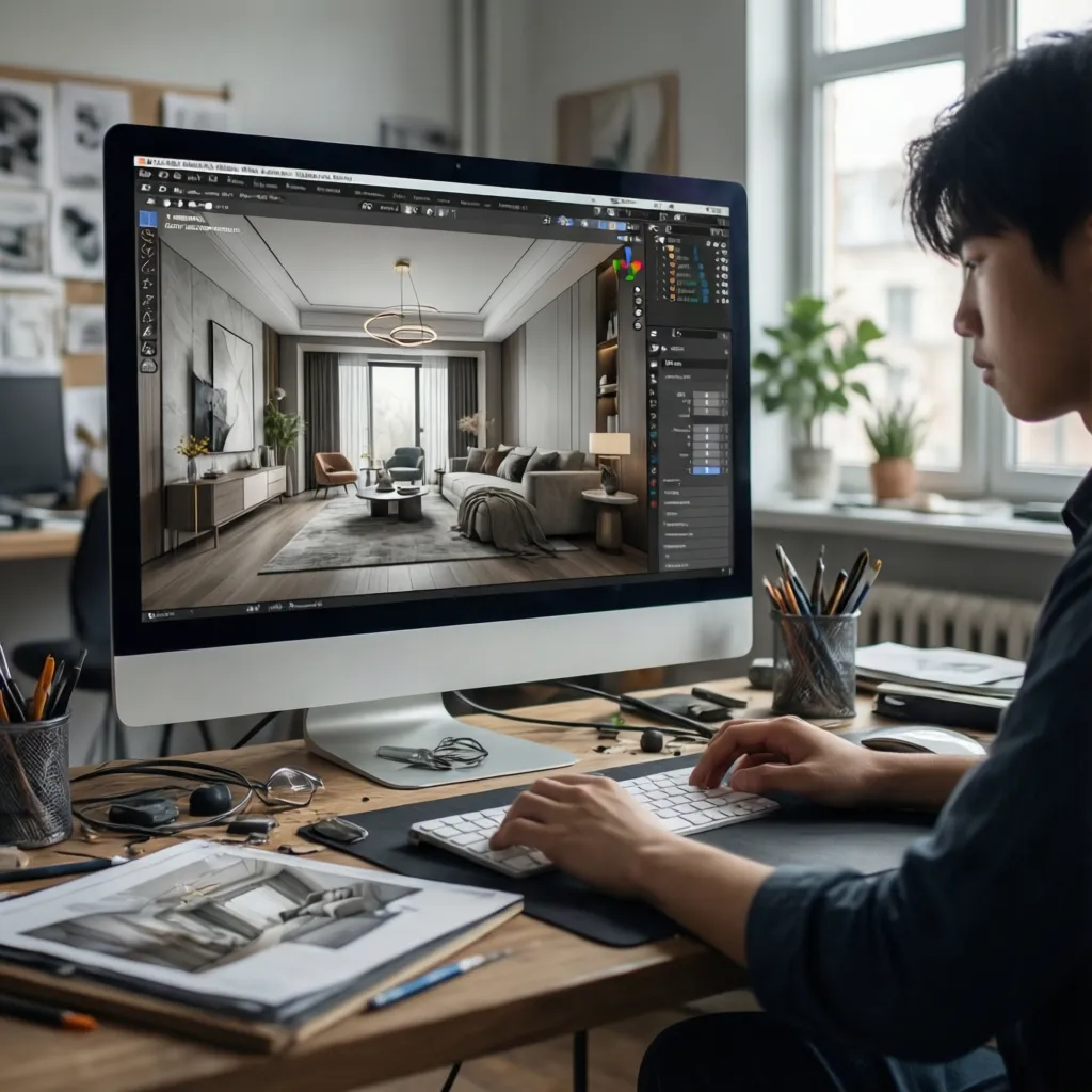 Estudiante utilizando software de diseño interior en computadora con modelo 3D en pantalla
