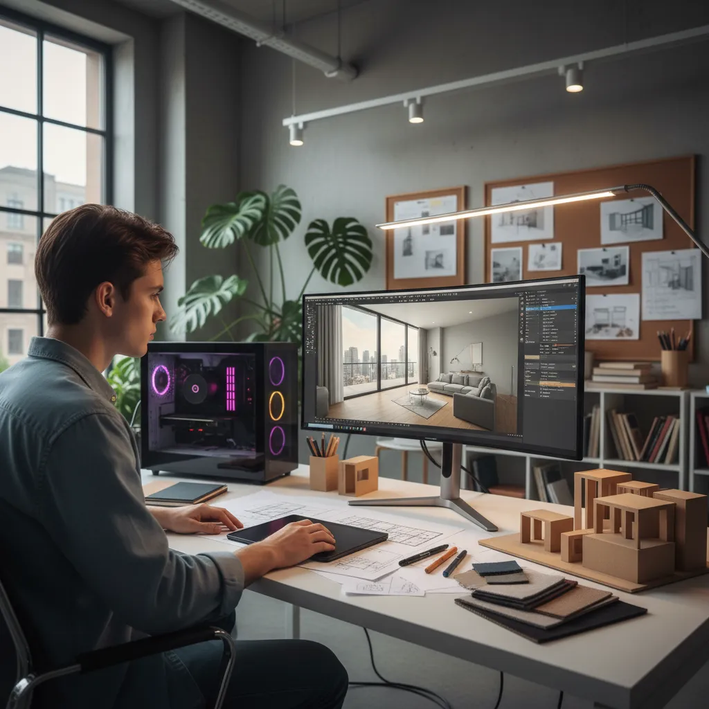 Estudiante creando un modelo 3D de interior en computadora