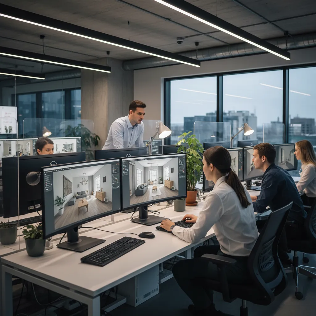 Interior design team working on computers showing 3D room renderings in a modern office studio