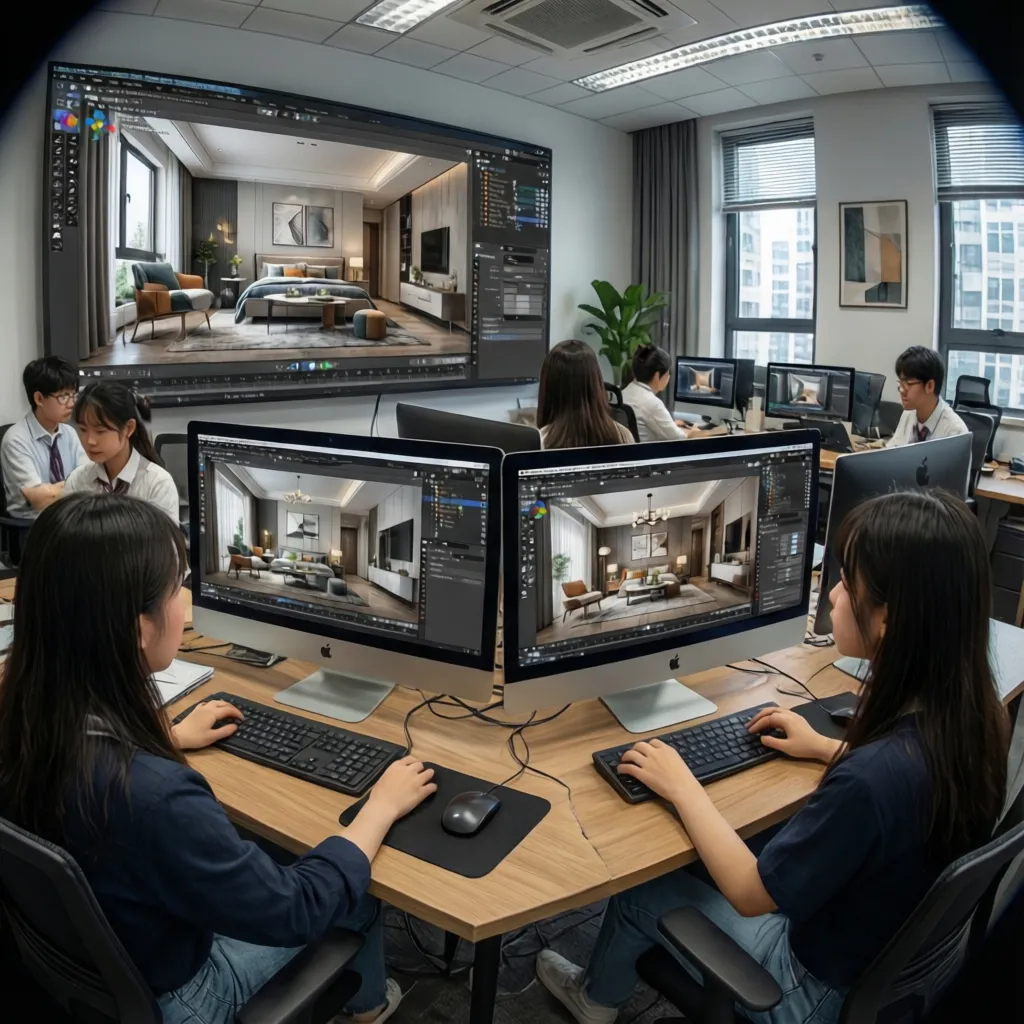 Estudiantes usando software 3D para diseñar interiores
