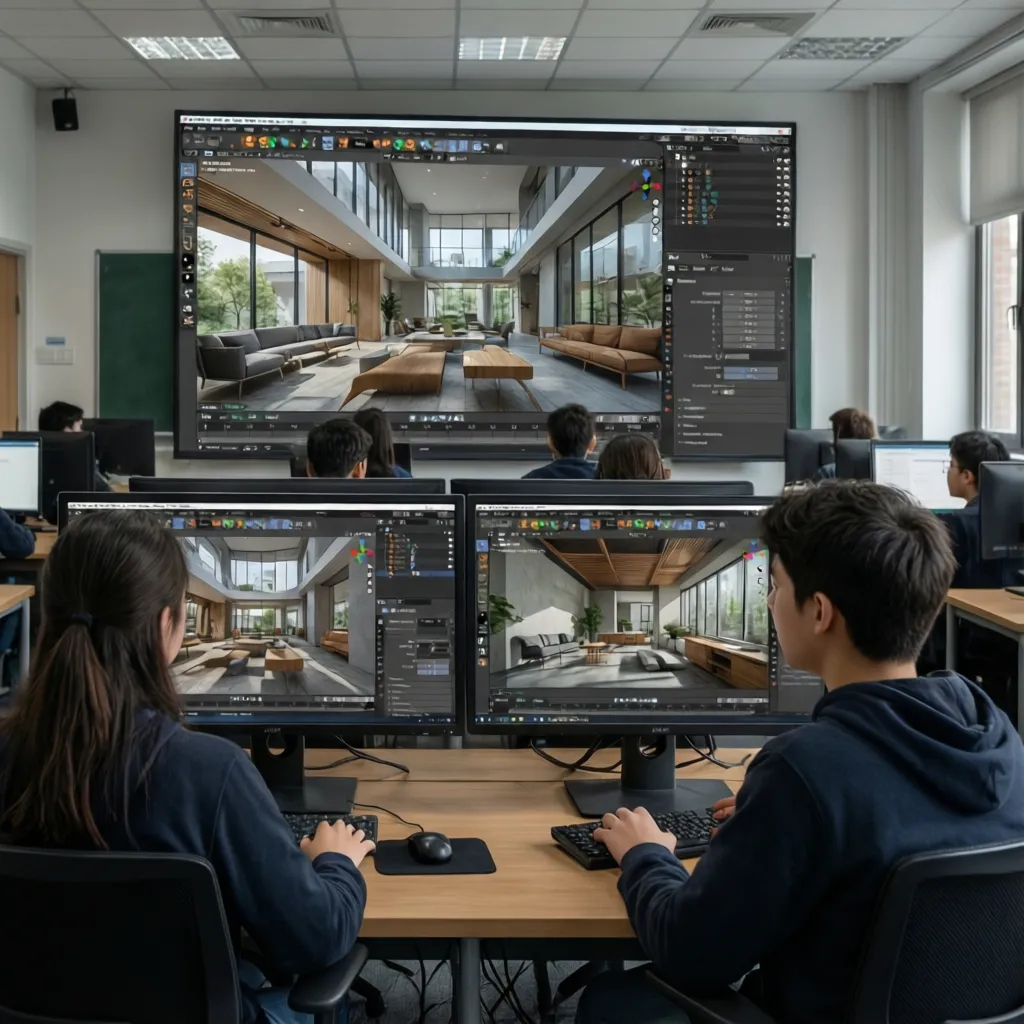 Estudiantes utilizando software de diseño 3D en ordenadores