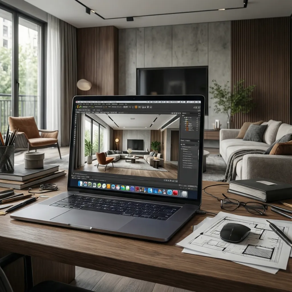Laptop on a wooden desk showing an interior design drawing next to paper floor plans