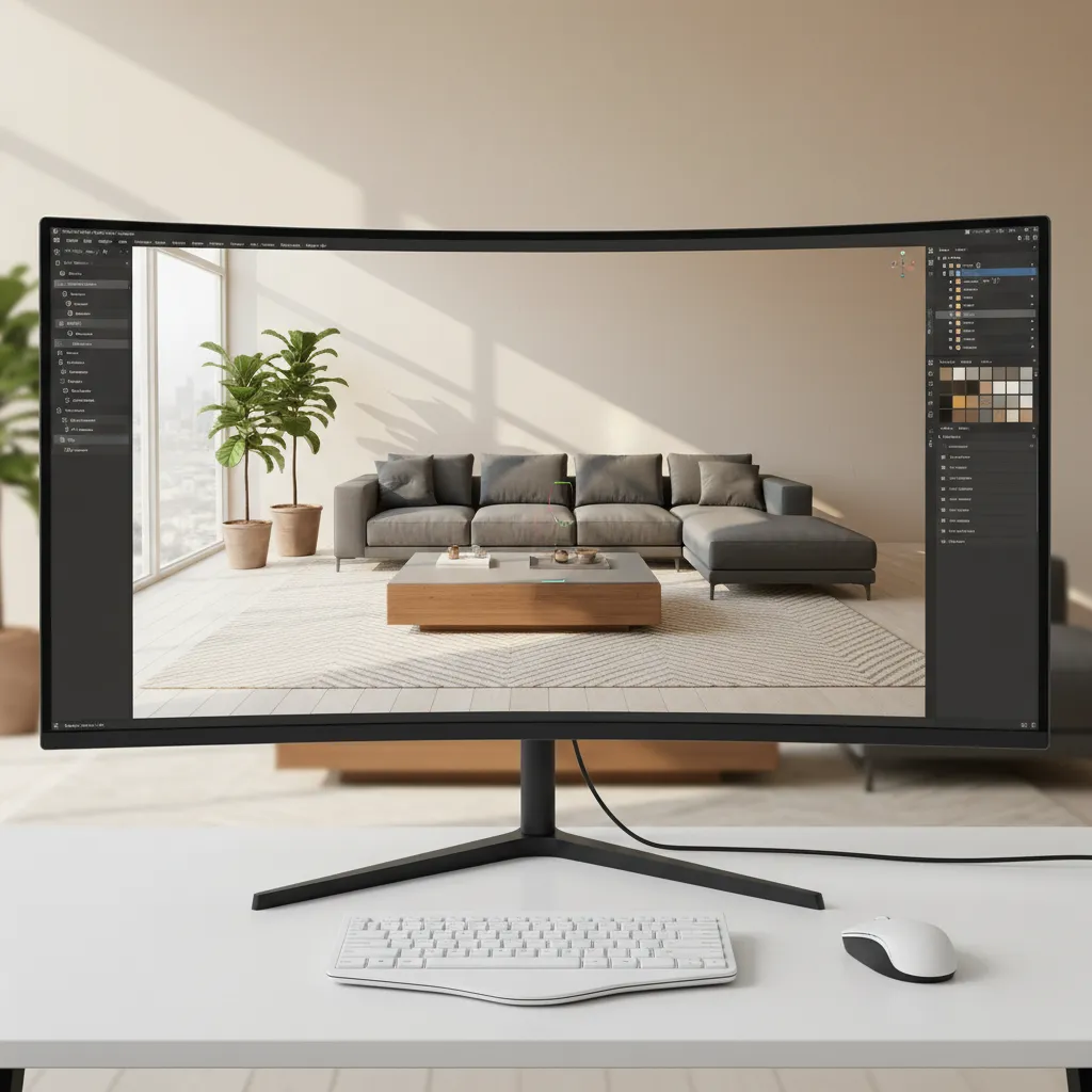 Vista de un software mostrando el diseño 3D de una sala de estar moderna