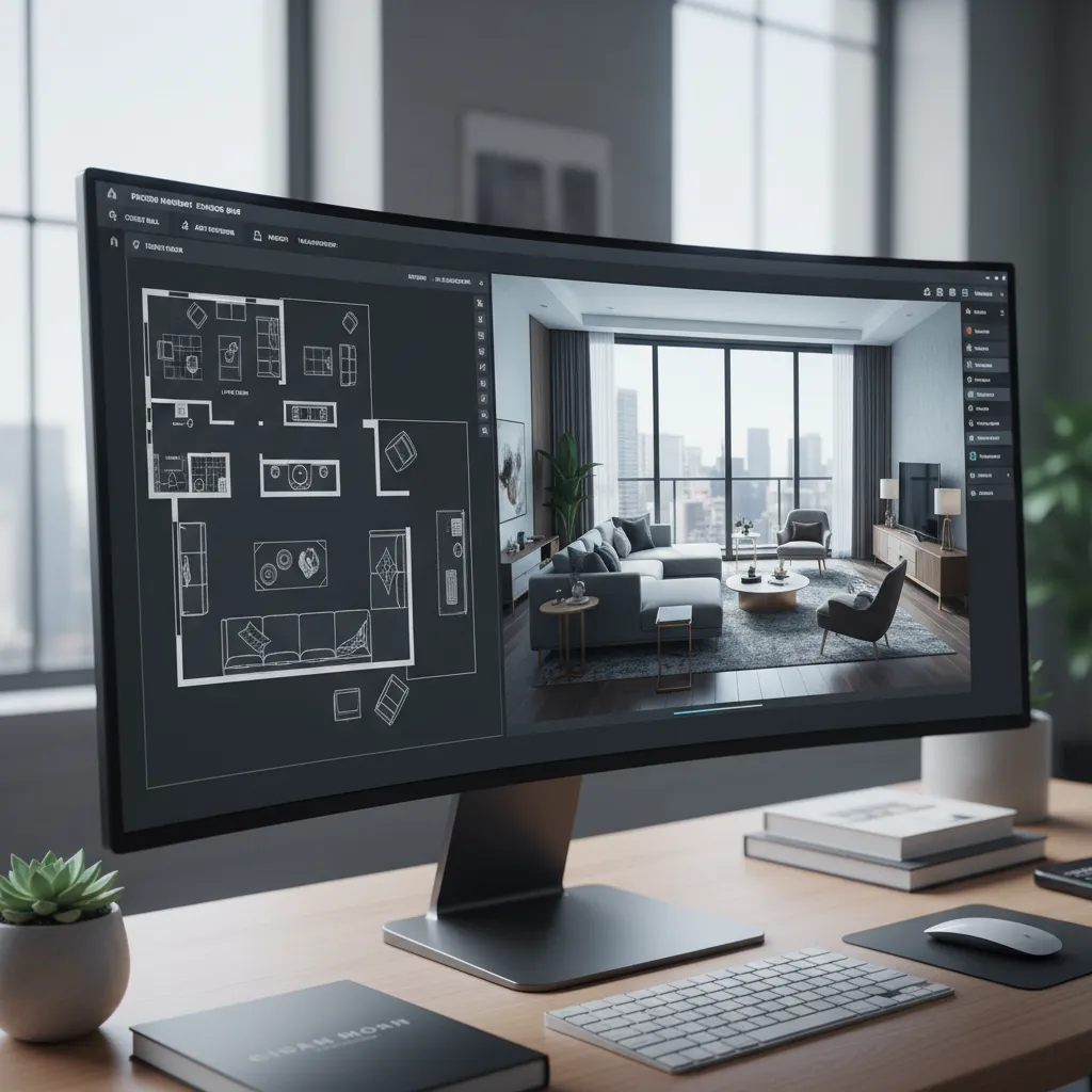 Interfaz de un programa de diseño de interiores con plano 2D y vista 3D