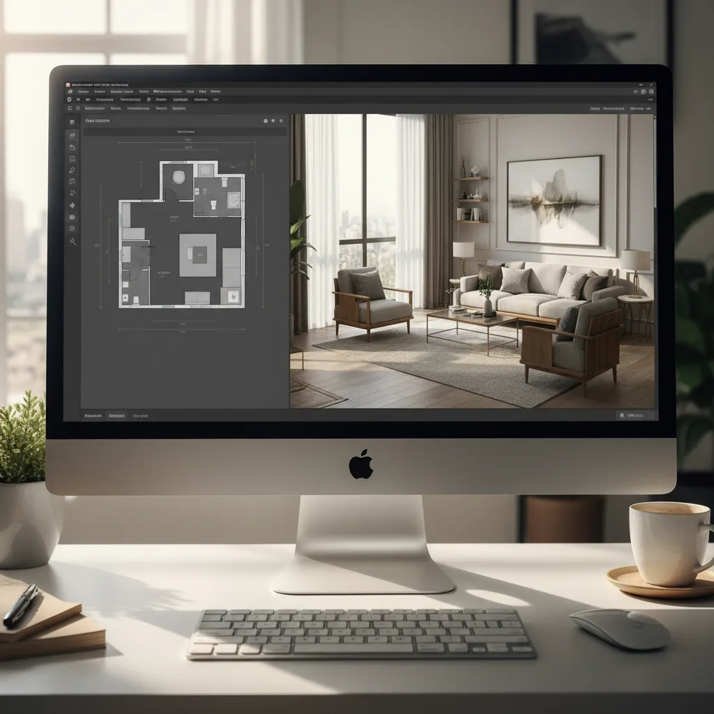 Interfaz de software de diseño de interiores mostrando plano y vista 3D