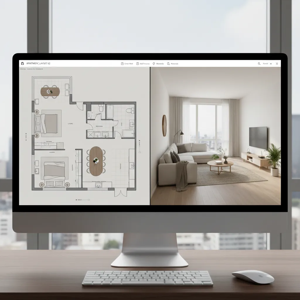Interfaz de un programa de diseño de interiores con plano y vista 3D