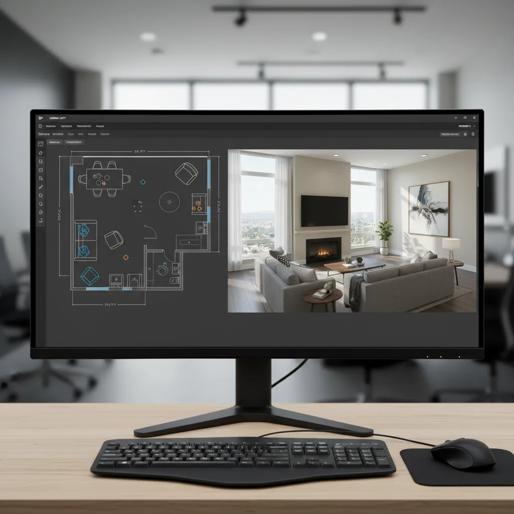interfaz de software de diseño de interiores con plano y vista 3D