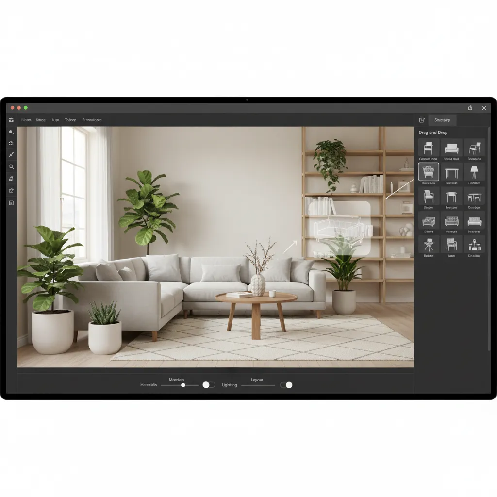 Interfaz de programa de diseño mostrando una sala de estar en vista 3D