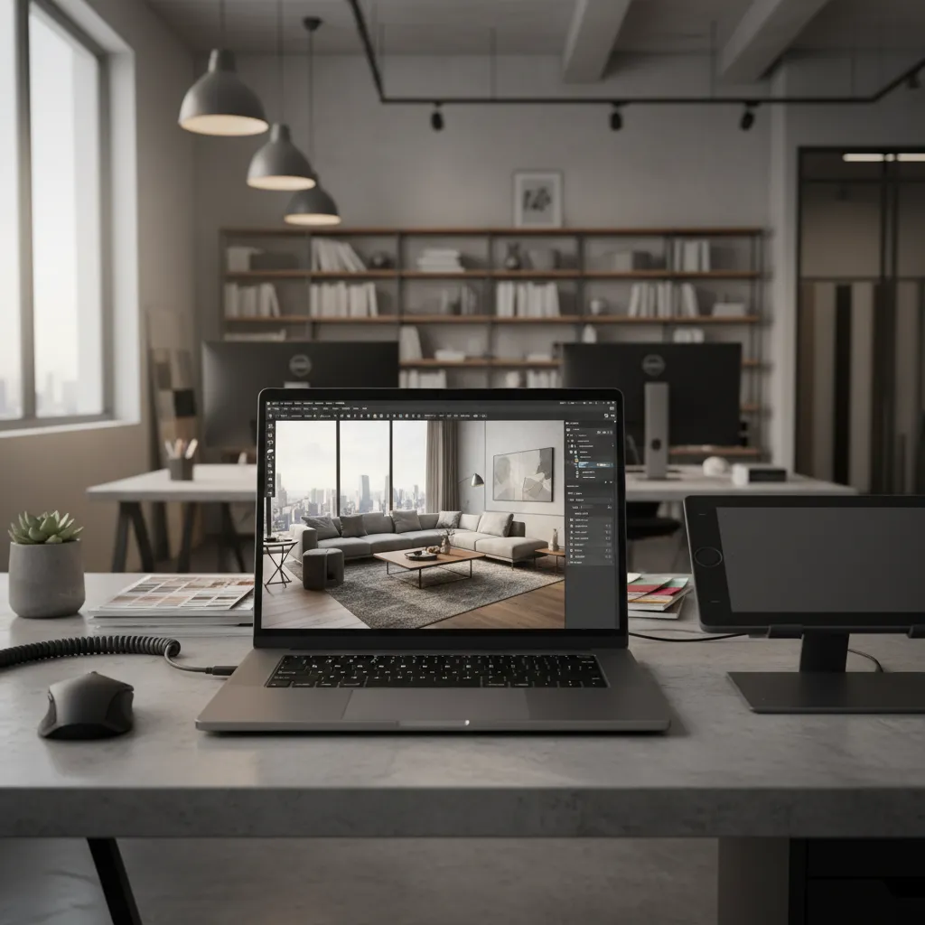 Pantalla de portátil mostrando un modelo 3D de un salón en software de diseño