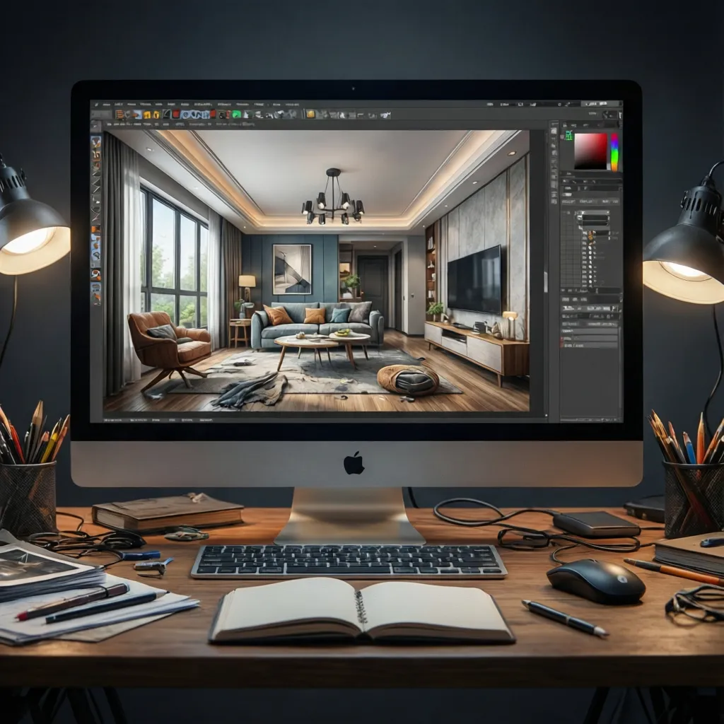 Pantalla de ordenador mostrando un modelo 3D de diseño de interiores