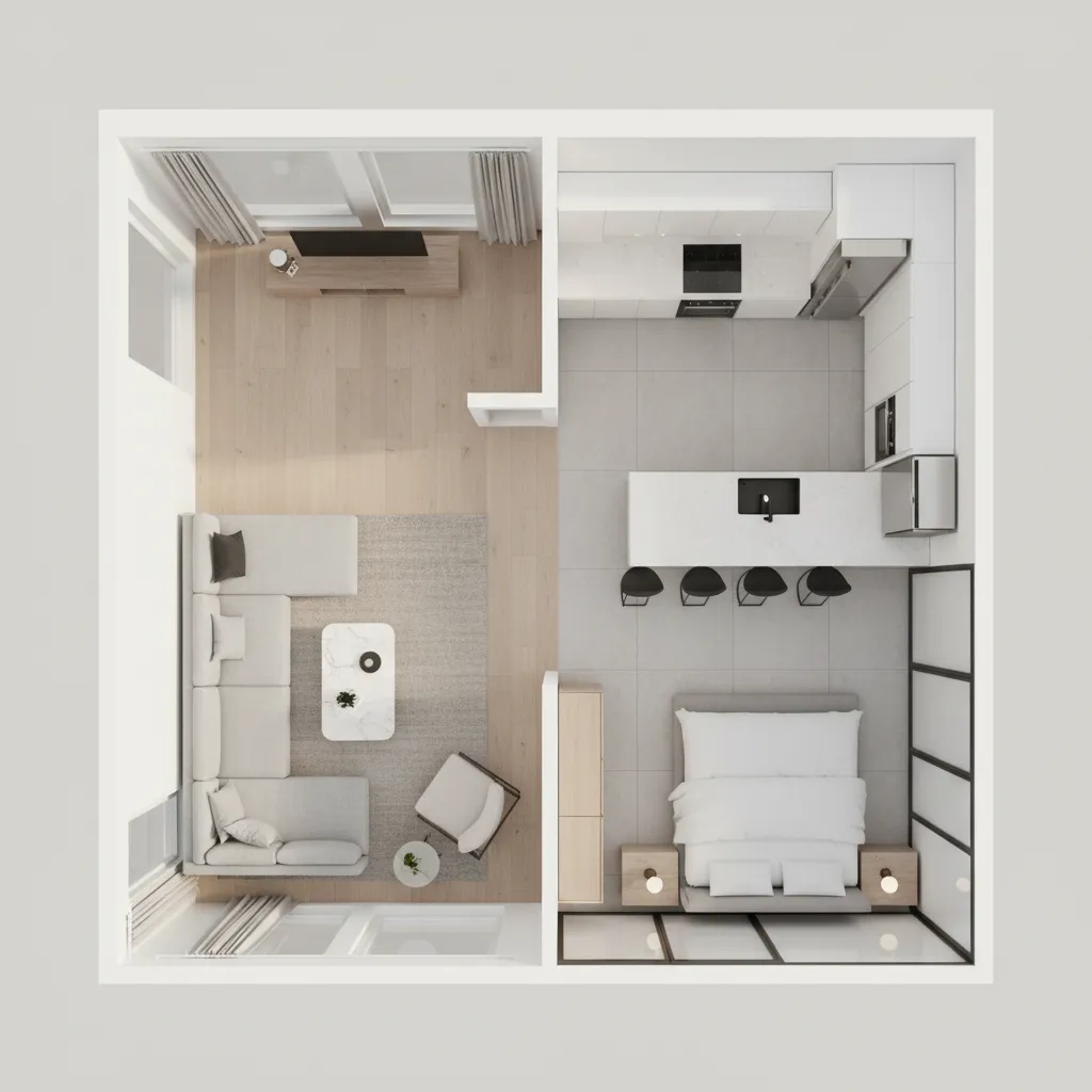 Plano 3D detallado de un apartamento con muebles y distribución visible