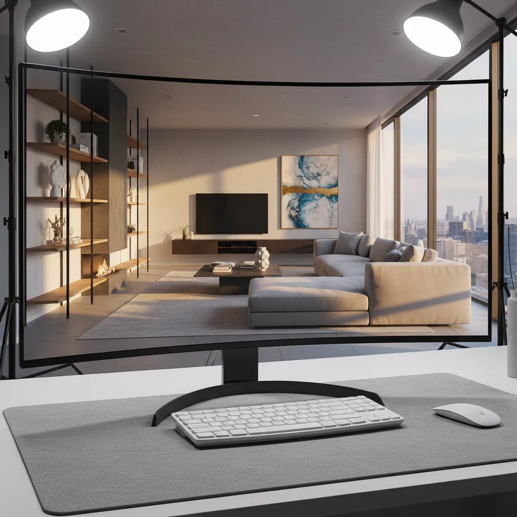 Pantalla de ordenador mostrando un render 3D de un salón moderno