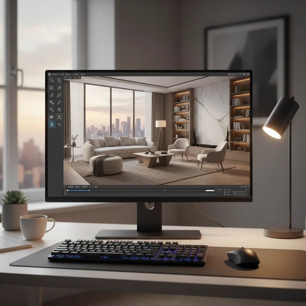 Pantalla mostrando un render 3D de un proyecto de interiorismo