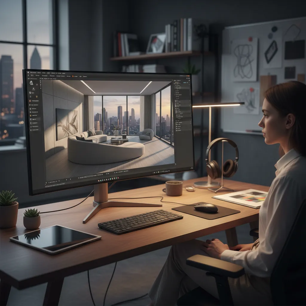 Pantalla mostrando un render 3D de un proyecto de interiorismo